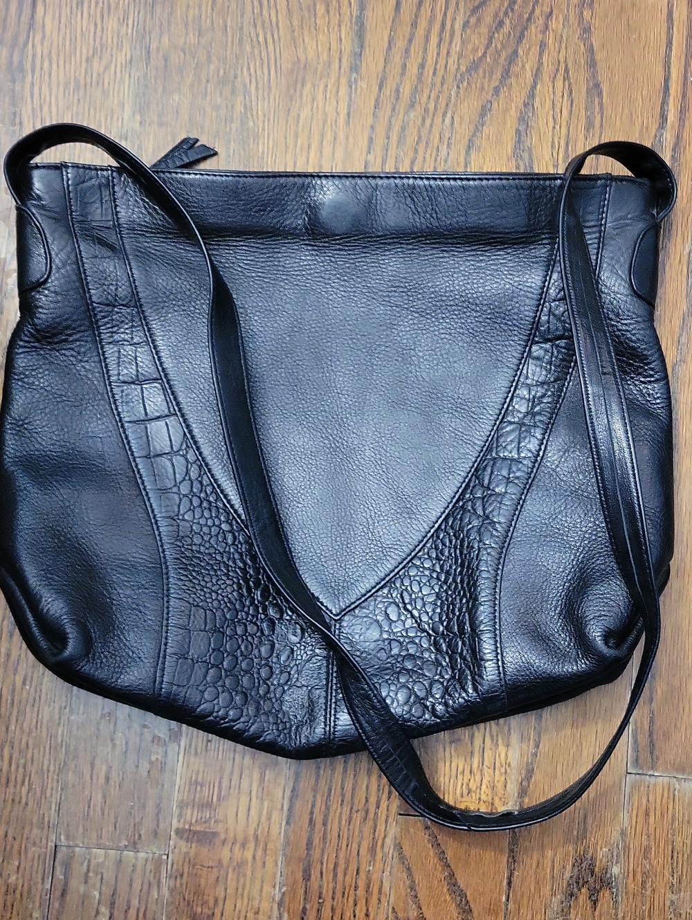 Classic Black Leather Shoulder Tote — Textured Panel Design